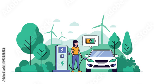 Flat style vector illustration of woman charging electric car at station with wind turbines, clean energy and sustainable transportation concept