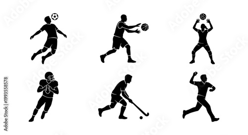 Athletic sports silhouettes set, 6 black vector icons of soccer, football, hockey and basketball players, competitive team sports action poses