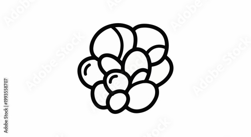 A stylized black and white outline drawing of clustered, round shapes