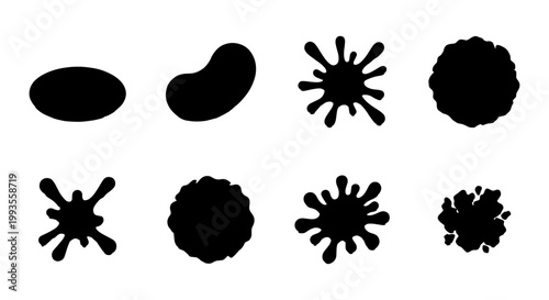 фотографія Black ink splat silhouettes set, 8 liquid splash vector shapes, organic paint bl