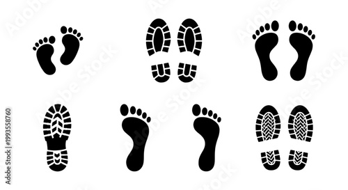 Black footprint silhouettes and shoe sole prints set, human barefoot tracks and boot tread marks, 6 pairs of foot step icons for forensic or path design