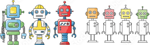 Cute Cartoon Robot Character Set Featuring Colorful Retro and Minimal Bots for Kids Technology Design, AI Concepts, Education Graphics, and Futuristic Illustrations