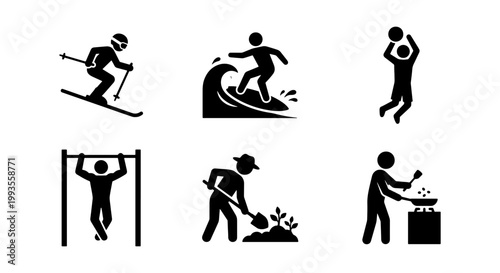 Minimalist sports and hobby icons set, black stick figure pictograms of skiing surfing and basketball, active lifestyle symbols for gardening and cooking