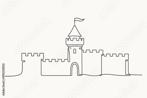 Minimalist Continuous Line Drawing of a Fortified Medieval Castle Wall with Battlements and a Central Tower with a Flag, Simple Vector Illustration for Historical and Architectural Concepts.