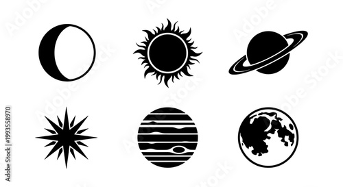 Celestial space icons set, black minimalist astronomy symbols including moon sun and planets, 6 vector elements for astrology and science design