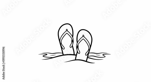 Minimalist line art of two flip-flops standing in sand with wavy lines
