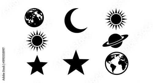 Minimalist celestial icon set, black silhouette space symbols including sun moon and stars, 8 vector astronomy elements for graphic design