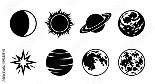 Minimalist celestial planet icons, black and white solar system vector set, astronomical moon and sun symbols, flat space galaxy elements for design