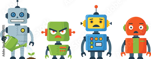 Cartoon Robot Character Set Showing Different Emotions and Actions Including Watering Plants Angry Face Sad Expression and Neutral Mood for AI and Technology Design