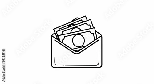 Line art of an open envelope filled with paper currency