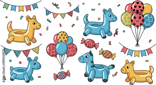 Cute inflatable animal toys vector set with balloons candies bunting flags festive party decorations playful cartoon collection isolated