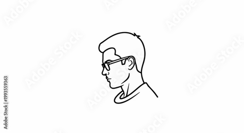Black and white line drawing of a young man's profile wearing glasses
