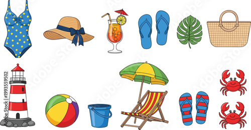 Beach vacation illustration set with swimsuit, sun hat, cocktail, flip flops, lighthouse, beach umbrella and seaside summer icons