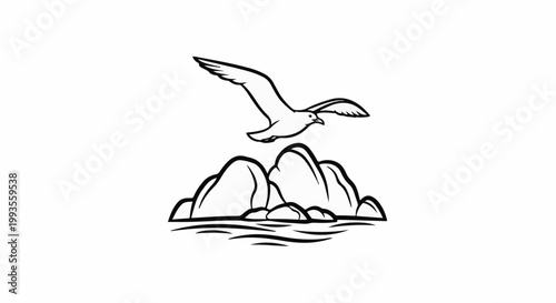 A stark black and white graphic shows a seagull flying over rocky outcrops and water