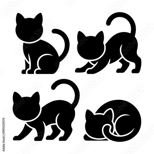 Black cat silhouettes displaying various playful and relaxed positions on a white background showcasing their charm and grace