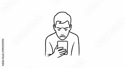 Person with worried expression looking at phone