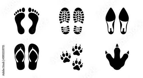Black footprint silhouettes collection, human barefoot and shoe prints, animal paw and bird tracks, 6 vector icons for forensic or nature design