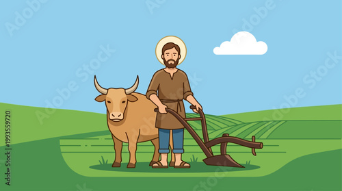 A minimalist flat design depiction of Saint Isidore the Laborer holding a plough, symbolizing his patronage of farmers and agriculture. This is a clean, modern illustration.