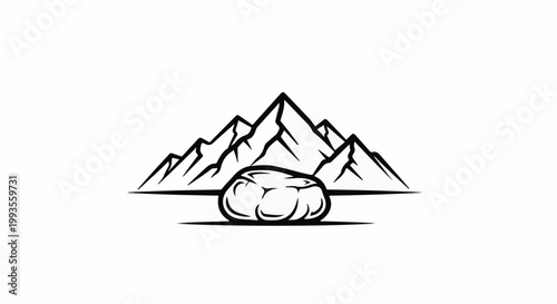 Stylized black and white graphic of a boulder in front of sharp mountain peaks