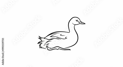 Stylized black and white outline drawing of a duck sitting down