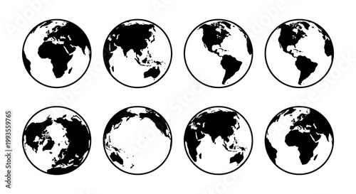 Minimalist world globe icons set, black and white earth map spheres from 8 different angles, global geography vector collection for business and travel