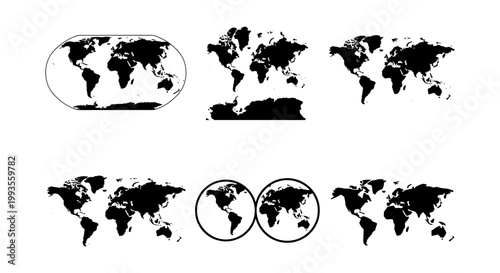 World map vector collection, black silhouette earth globes and cartography projections, set of 6 minimalist global geography icons for infographics