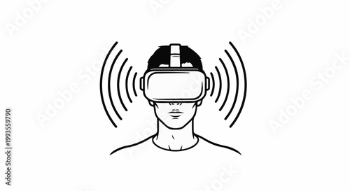 Stylized head wearing virtual reality headset with radiating waves
