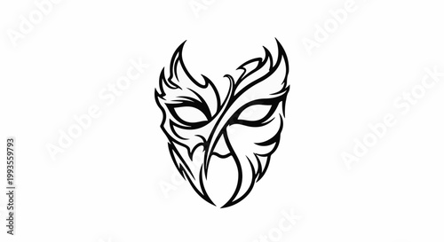 Stylized black tribal mask with flame-like accents