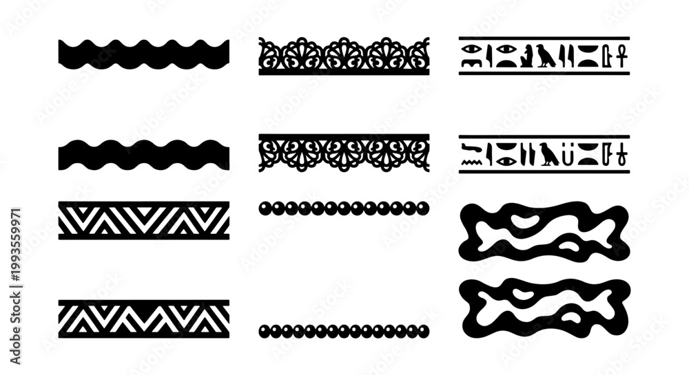 Fototapeta premium Ancient Egyptian and ethnic border set, black decorative dividers with hieroglyphs and tribal patterns, 12 vector brush elements for frames
