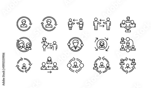 Personnel change and HR rotation outline vector icon collection on white background
