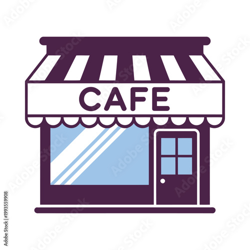 Valokuva A simple illustration depicts the facade of a cafe with striped awning and signa