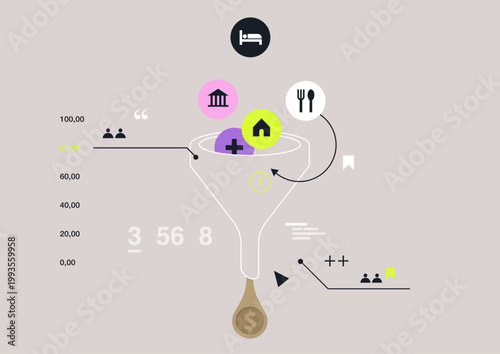 This depiction showcases the sales funnel concept, highlighting stages such as awareness, interest, and conversion with engaging visuals.