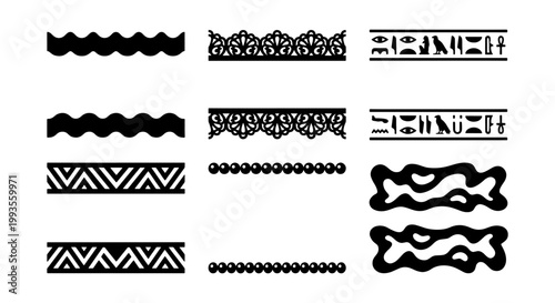 Ancient Egyptian and ethnic border set, black decorative dividers with hieroglyphs and tribal patterns, 12 vector brush elements for frames