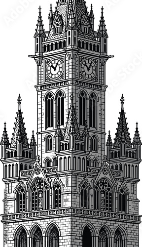 Big Ben clock tower detailed gothic architecture line art illustration London landmark historic British monument travel tourism vector style