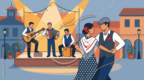 A flat design collection of traditional Spanish musical instruments often heard during the San Isidro Festival, such as a guitar and accordion, alongside dancing figures. 