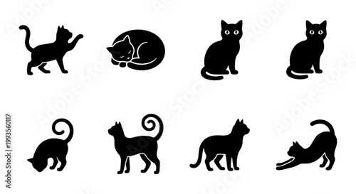 Black cat silhouette collection, set of 8 feline vector icons, minimalist kitten poses including sleeping and stretching, pet animal graphic elements