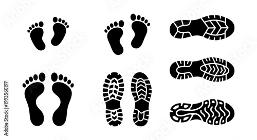 Human footprint and shoe sole silhouette set, black barefoot prints and sneaker tread marks, 6 pairs of foot track vector icons for forensic or path design
