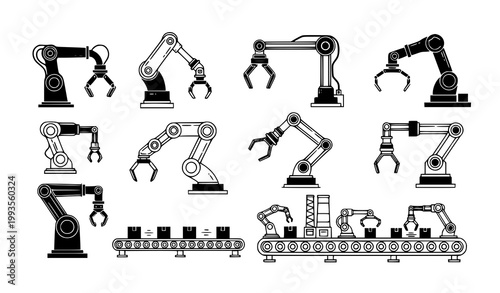Robotic arm industrial automation vector icon set black flat line style on white