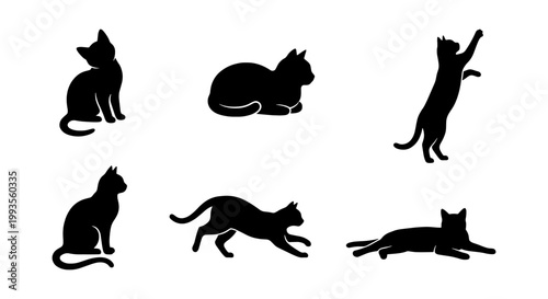 Black cat silhouette collection, set of 6 feline vector icons in various poses, minimalist kitten shapes for pet shop branding and animal graphics