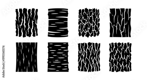 Natural tree bark texture set, 8 black and white wood surface patterns, organic timber skin vector illustrations for rustic design backgrounds