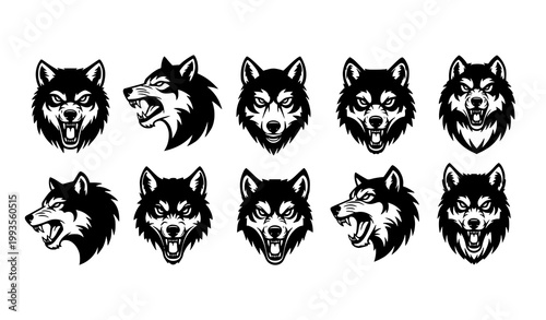 Wolf silhouette vector set black and white predator animal head icons on white