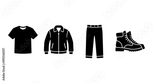 Minimalist men's clothing icon set, black silhouette apparel collection, casual fashion outfit vector with t-shirt jacket pants and boots