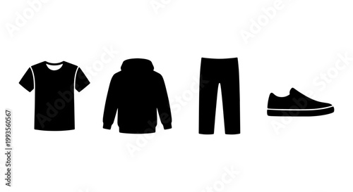 Minimalist clothing icons set, black silhouette apparel vector elements, casual outfit collection with t-shirt hoodie pants and sneaker
