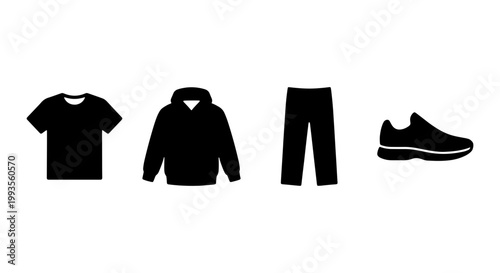 Minimalist black clothing icons set, casual apparel silhouettes including t-shirt and hoodie, sportswear outfit elements with pants and sneaker vector