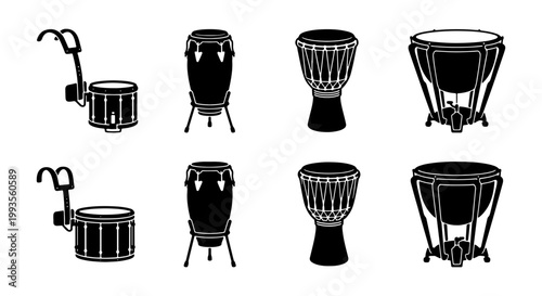 Percussion instrument vector icons set, black silhouettes of djembe, conga, timpani and marching snare drum, musical equipment collection