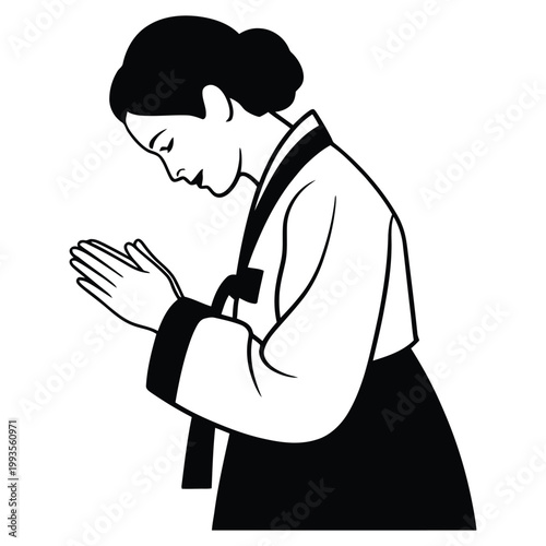 Korean Woman in Traditional Hanbok Bowing – Elegant Black and White Vector Illustration of Respectful Asian Female Showing Korean Culture, Tradition, Grace, and Politeness in Classic Attire