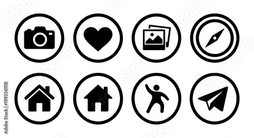 Minimalist social media icons set, 8 black line vector symbols in circles, modern website navigation buttons for mobile apps and digital interfaces