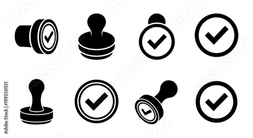 Approved rubber stamp icons set, black check mark seal symbols, 8 vector elements for business quality control and validation