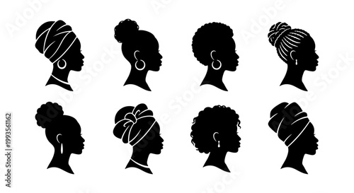 African woman silhouette profile set, black female head portraits with natural hair and headwraps, 8 ethnic beauty icons for salon branding