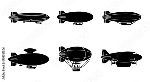 Vintage airship silhouette icons set, retro dirigible and zeppelin vector collection, black blimp transport symbols on white background